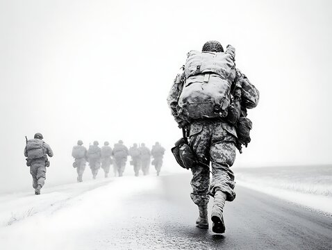 Soldiers marching snowy road winter.