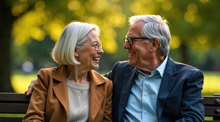 Fototapeta premium Loving Senior Couple Embracing Autumn Years On Park Bench Surrounded By Fall Foliage