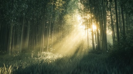 Fototapeta premium Sun-Drenched Serenity, Golden Light Illuminating a Bamboo Forest