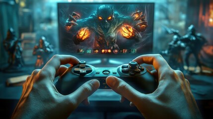 Immersed in a fiery battle against a monstrous foe, a gamer grips their controller, battling for victory in a dark fantasy world with dramatic lighting and detailed textures.