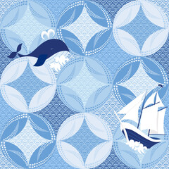 Whale and Sailboat in Geometric Sea Pattern. Abstract Ocean Seamless Pattern. Blue Geometric waves illustration. Abstract Marine Scene with Whale, Sailboat and Geometric Waves.