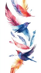 Obraz premium Fantasy feather pattern, morphing bird forms, surreal flight texture, Watercolor style