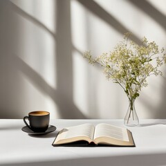 Cozy Reading Scene with an Open Book, Coffee Cup, and Flowers
