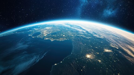Fototapeta premium Earth view from space, blue planet, climate change awareness, international collaboration, renewable energy, Earth Day, environmental sustainability, cosmic perspective.