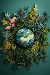 Earth globe surrounded by vibrant green plants, representing sustainability, Earth Day celebration, environmental awareness, greenery, eco-friendly lifestyle, nature.