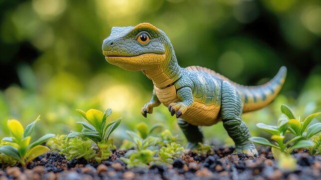 Tiny dinosaur figurine exploring a lush green environment filled with vibrant foliage and captivating sunlight
