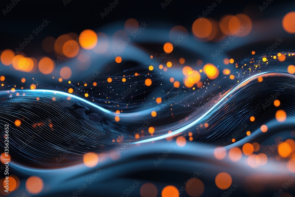 Poster abstract digital wave with glowing orange particles and flowing lines.