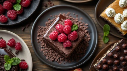 Decadent chocolate dessert topped with fresh raspberries and mint on rustic wooden table