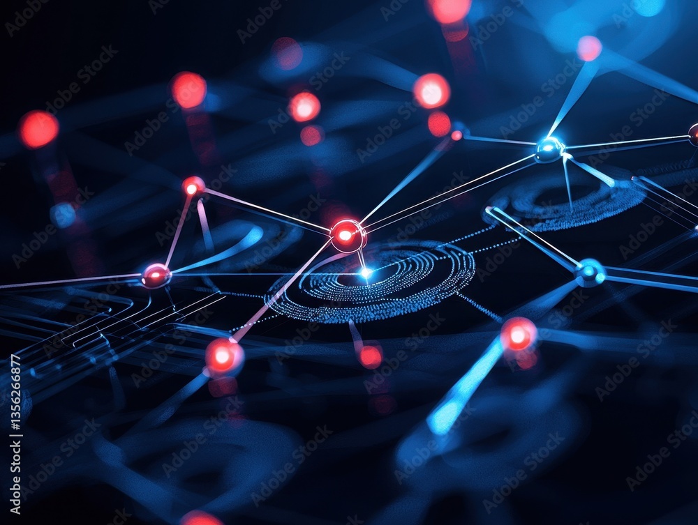 Poster futuristic network visualization with glowing nodes and connections in blue and red tones.