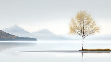 Solitary Birch with Misty Lake, and Mountains.