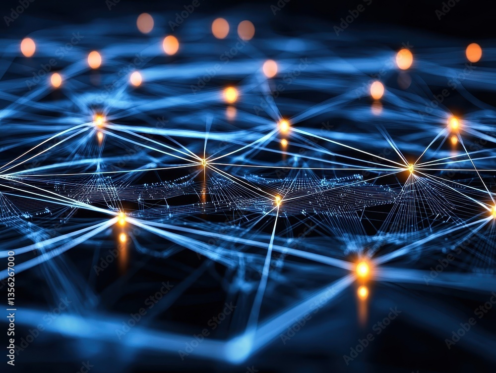 Poster abstract blue network illustration with bright nodes and dynamic lines.