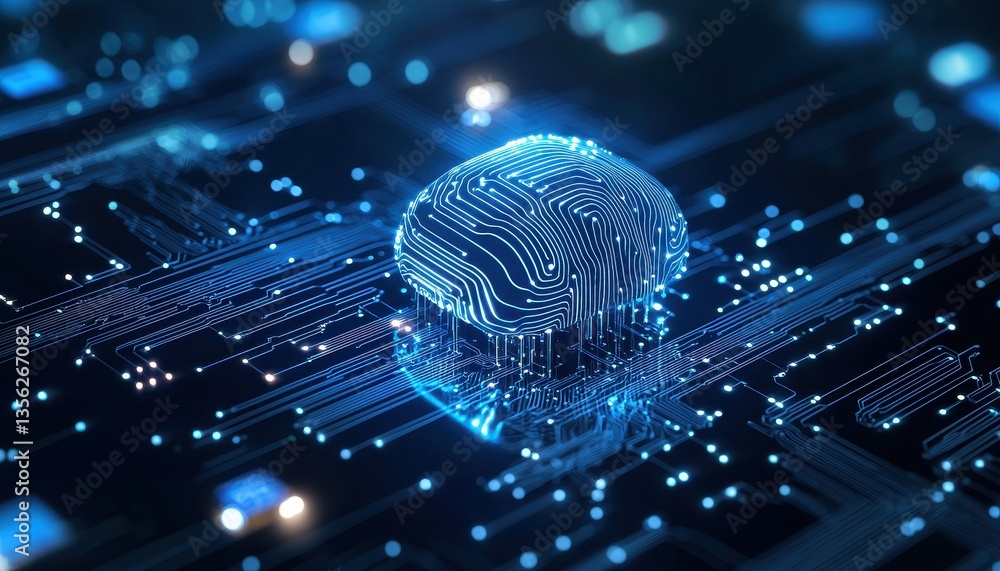 Poster microchip with circuit patterns glowing in blue tones, representing technology and innovation.