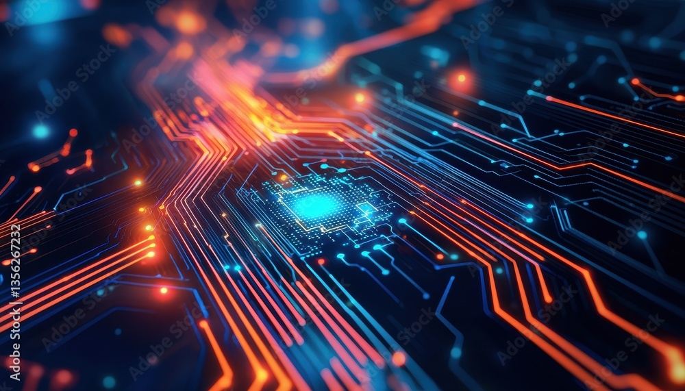 Poster abstract close-up of a glowing microprocessor on a circuit board with vibrant blue and orange lights