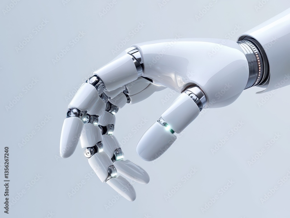 Poster futuristic robotic hand with intricate design and glowing elements.