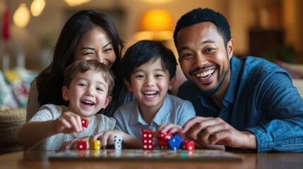 A joyful family playing a board game together, laughing and sharing precious moments in their cozy home, warm lighting enhancing the intimate atmosphere.