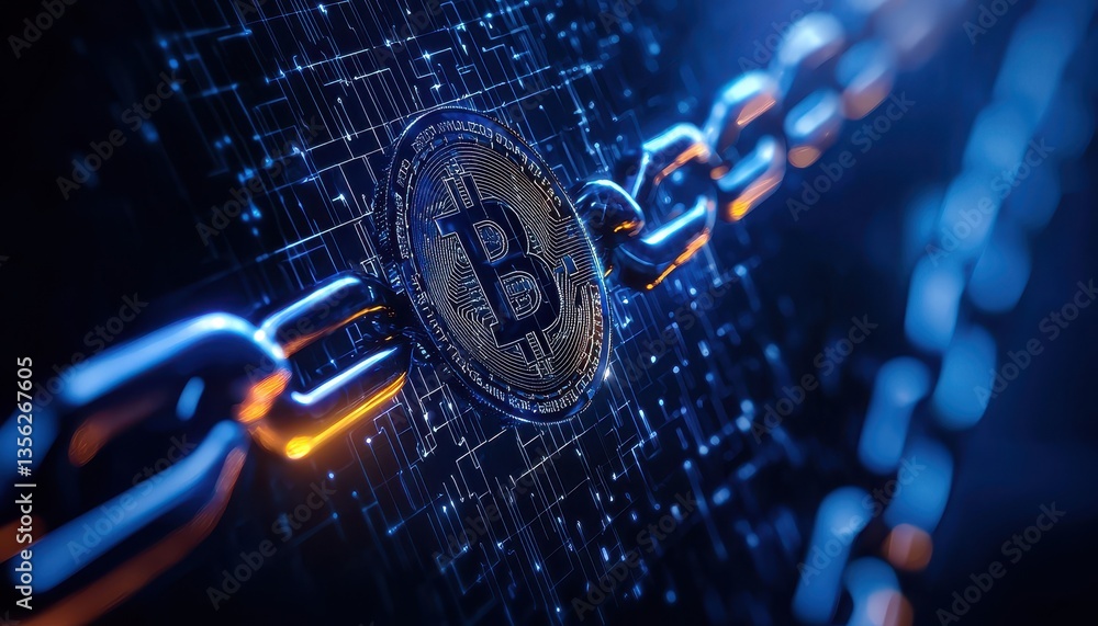 Poster a detailed representation of bitcoin in a digital blockchain network.