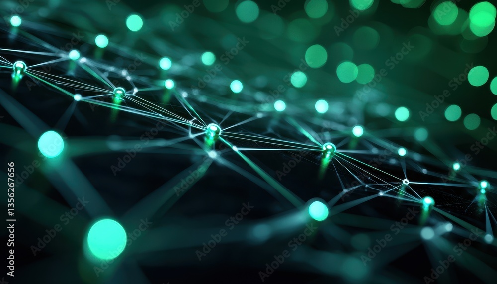 Aufkleber abstract close-up of a green digital network with glowing nodes and connections.