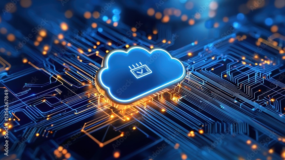 Poster futuristic cloud computing concept with glowing circuit patterns and digital elements.