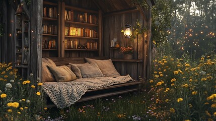 A tranquil outdoor reading nook by a vintage barn, a wooden bench covered in soft cushions and a knitted throw, rustic bookshelves with a collection of old books, an antique lantern glowing softly,