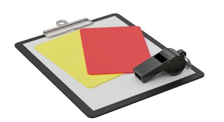 A Detailed View of Sports Coaching Essentials Featuring Red and Yellow Cards with a Whistle
