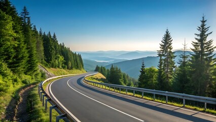 Scenic Winding Road through Lush Green Mountains under a Clear Blue Sky