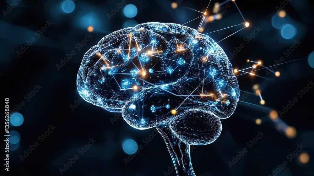 Poster digital concept of a human brain with glowing connections and neural networks.