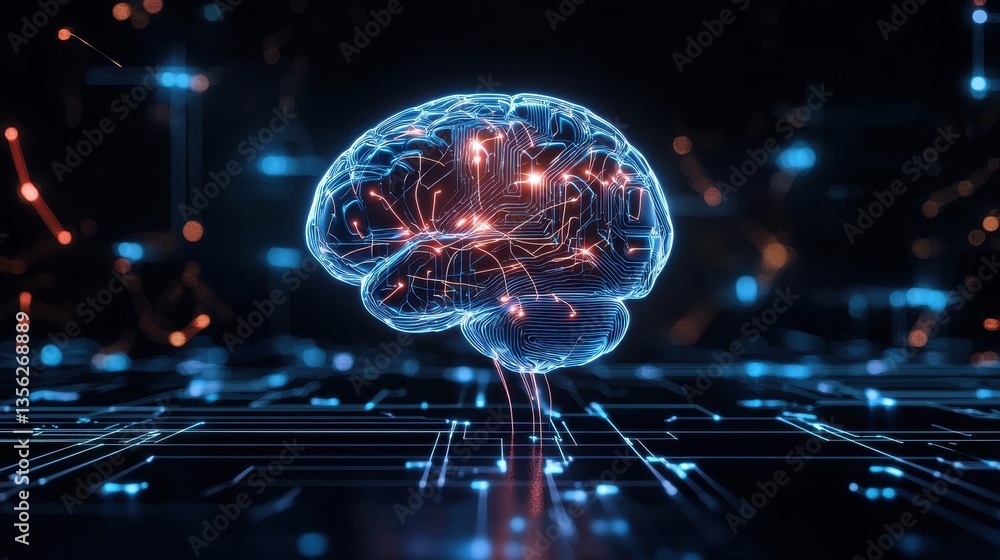 Poster futuristic glowing brain with circuitry design, representing advanced technology and ai.