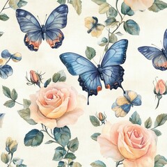 Watercolor Painting Depicting Roses Butterflies And Delicate Foliage