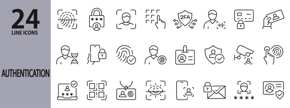 Authentication line icons set with Access, Biometric, Identity, Authorization, Verification, Secure, Password, Fingerprint and more. Editable Stroke