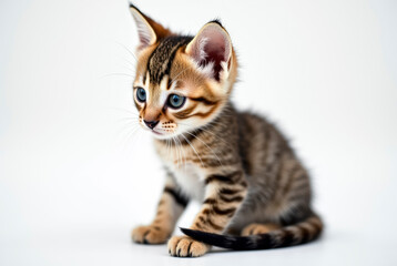 Adorable kitten with striking blue eyes sitting on white background.