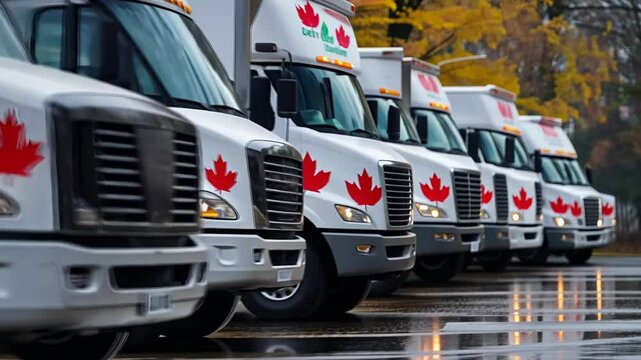 A row of delivery trucks adorned with Canadian symbols sits on a wet pavement, surrounded by vibrant autumn foliage. The atmosphere captures the essence of a brisk fall day.
