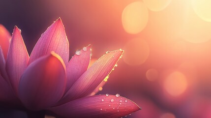 Fototapeta premium Close-Up of a Beautiful Pink Lotus Flower with Dew Drops at Sunset