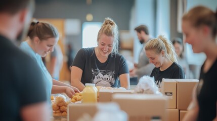 In a well-lit community hall, volunteers work together, packing food, clothing, and medical supplies into labeled boxes while displaying focus and teamwork