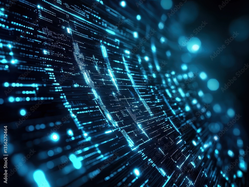 Poster abstract data flow with glowing blue lines on a dark background.