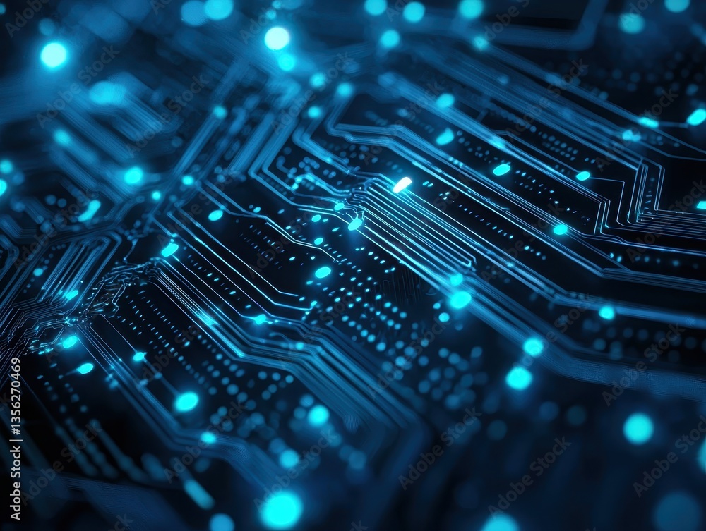 Poster abstract close-up of a blue circuit board with glowing connections and intricate pathways.
