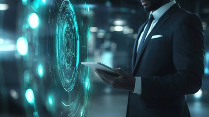Businessman Analyzing Data on Tablet, Futuristic Interface