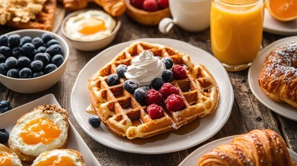 Delicious brunch spread with waffles, fresh berries, healthy breakfast options, orange juice, and pastries, perfect for Mothers Day or weekend gatherings.