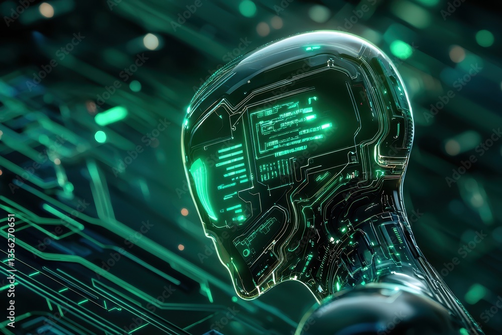 Poster futuristic robot head with neon green circuitry and digital patterns.
