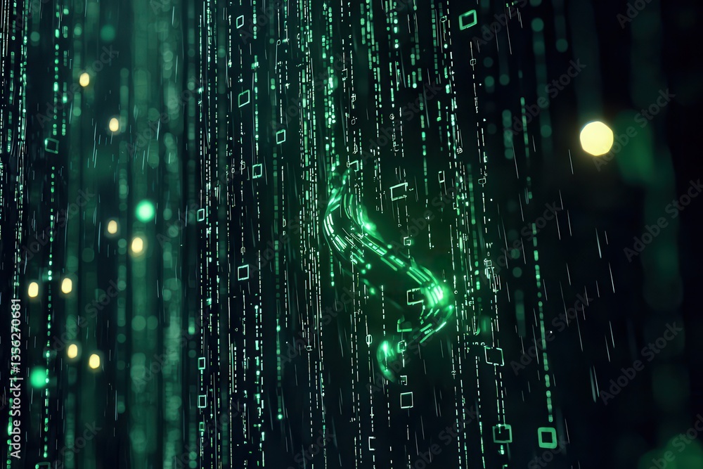 Poster abstract digital background with green binary code rain and glowing elements.