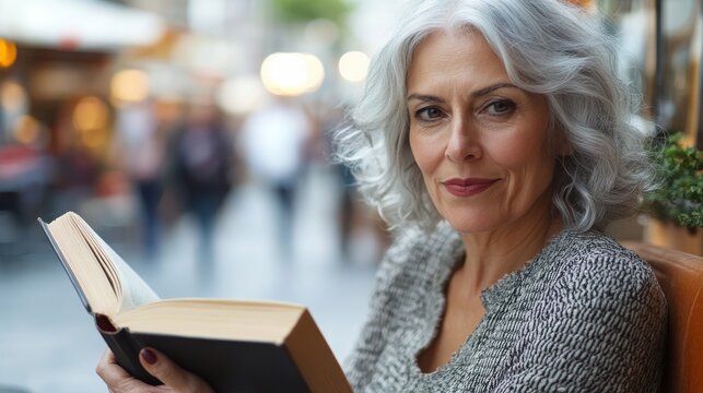 A serene older woman, silver hair framing her thoughtful face, engrossed in a captivating book amidst the gentle blur of a bustling city street, bathed in soft, warm light.