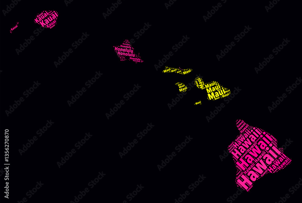 Poster hawaii word cloud. bright neon style design on dark background. region names text cloud. boundary sh