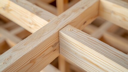 Indoor close-up of carpenter focusing on wooden framework installation at construction site