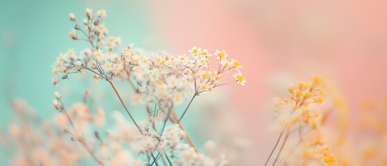 Naklejka premium Delicate wildflowers blooming in pastel colors, spring season freshness, background for Mothers Day, floral beauty, nature, softness, tranquility, renewal, vibrant.