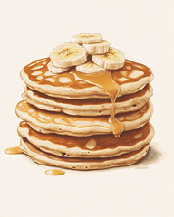 A Stack of Pancakes with Bananas and Drizzled Syrup