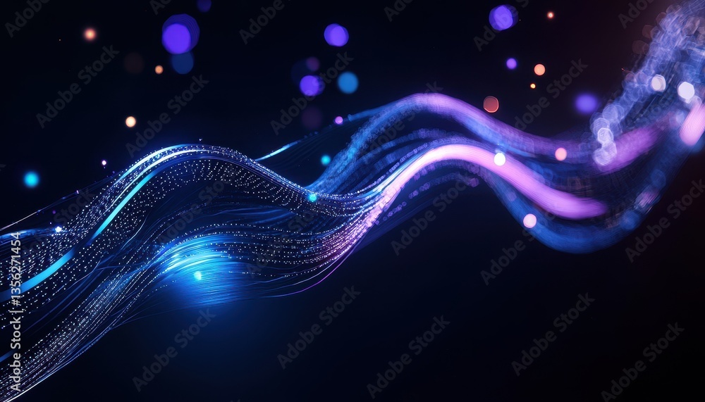 Poster abstract colorful wave patterns with glowing dots on a dark background.