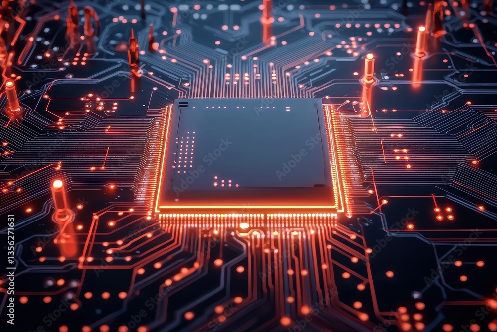 Poster close-up of a glowing microprocessor on a dark circuit board.