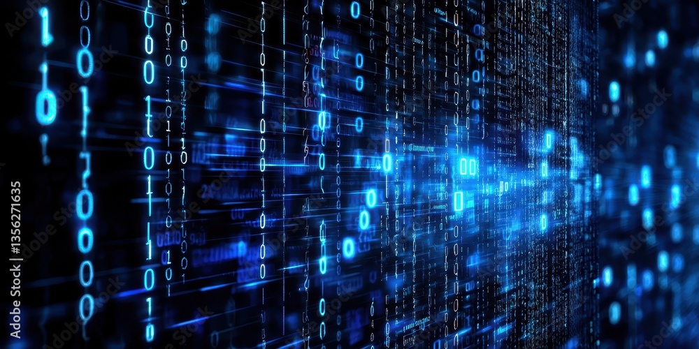 Poster digital binary code stream in blue and black hues, representing technology and data.