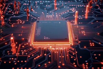 Close-up of a glowing microprocessor on a dark circuit board.