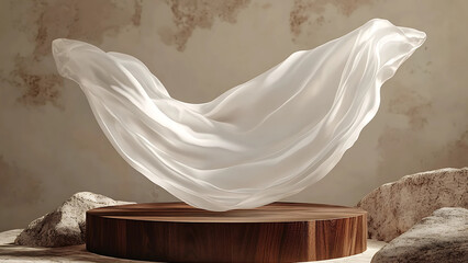 3D display podium, brown background with wood frame pedestal and flying silk cloth curtain. Nature wind. Beauty, cosmetic product presentation stand. Luxury feminine mockup 3d render advertisement