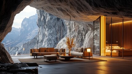 Obraz premium Modern Cave Living Room with Stunning Mountain View and Natural Light
